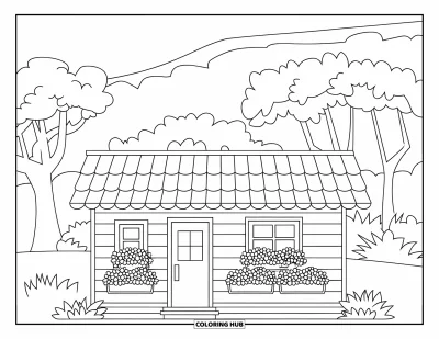 Coloriage de chalet rustique pour enfants : Petit chalet carré avec épaisses tuiles et fleurs en pots sous la fenêtre