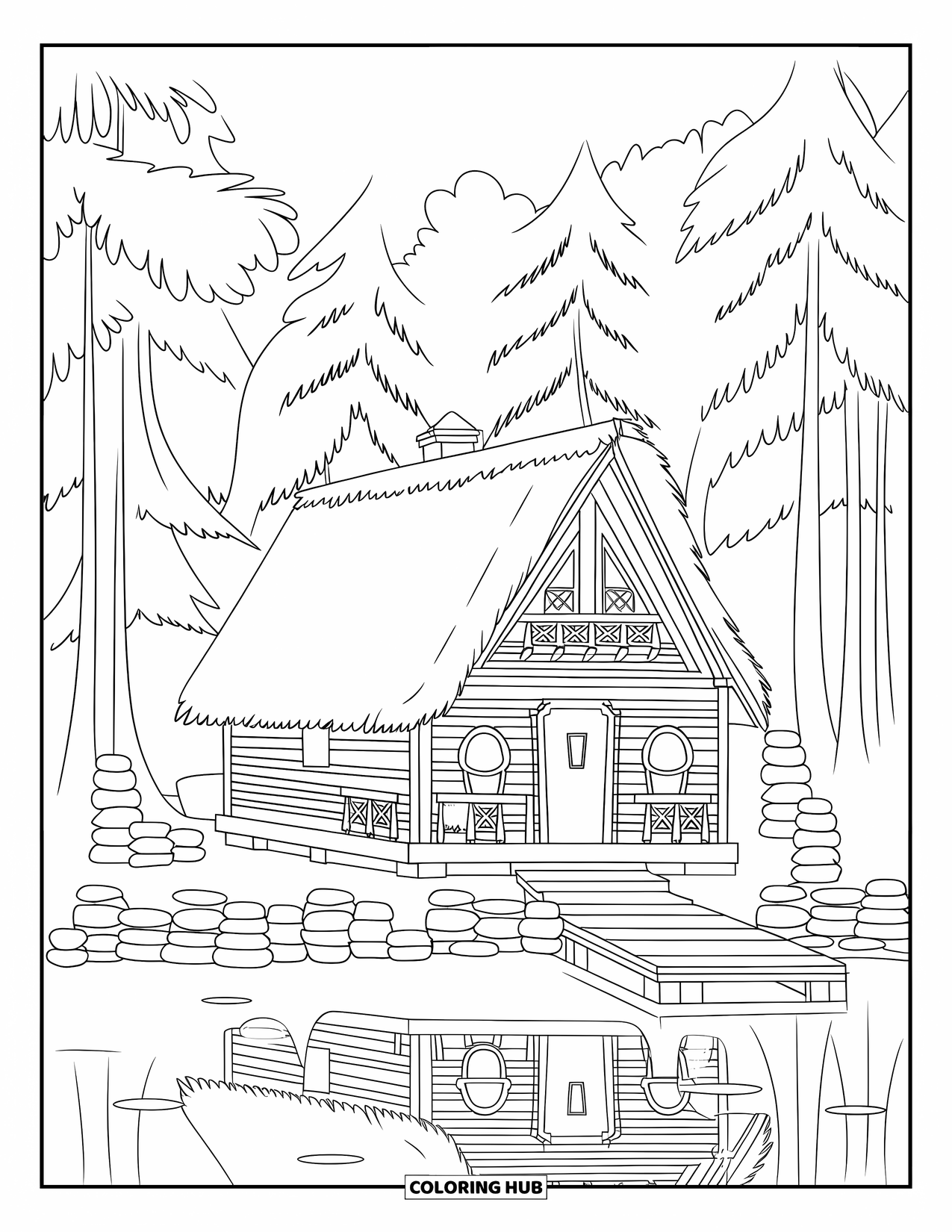 Cabin Coloring Page for Kids: Thatched cabin by the lake with tall trees and stacked stones nearby