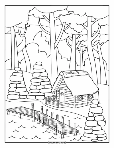 Coloriage de chalet rustique pour enfants : Chalet au toit de chaume au bord du lac avec ponton et pierres empilées dans un cadre forestier tranquille