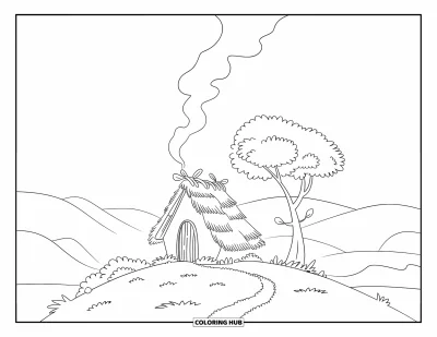 Coloriage de chalet rustique pour enfants : Petit chalet au sommet d'une colline avec cheminée fumante et un seul arbre sous un ciel dégagé