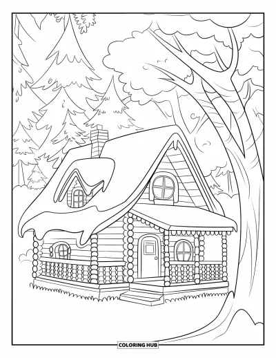 Coloriage de chalet rustique pour enfants : Chalet d'hiver au toit enneigé et aux arbres touffus dans une forêt silencieuse