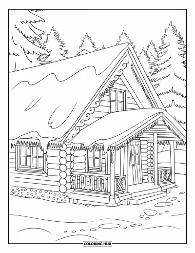 Coloriage de chalet rustique pour enfants : Chalet d'hiver avec porche enveloppant niché dans une forêt enneigée