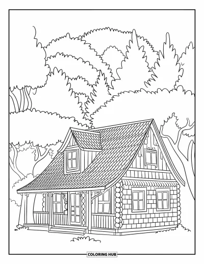 Coloriage de chalet rustique pour enfants : Chalet en bois avec poutres et arbres blotti dans une forêt douce
