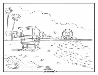 Coloriage de Californie pour adultes : Une vue de plage avec des vagues douces, des coquillages et une grande roue derrière des palmiers