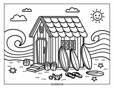 Coloriage de Californie pour adultes : Une cabane de surf en bord de mer entourée de planches, d'un crabe et d'accessoires de plage
