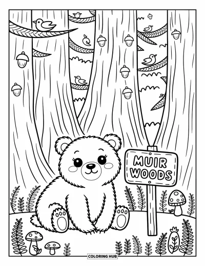 Coloriage de Californie pour adultes : Un ours joyeux qui se prélasse sous des séquoias avec des éléments forestiers ludiques et un panneau de sentier pétillant