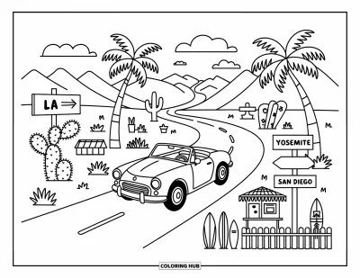 Coloriage de Californie pour adultes : Une voiture gaie roulant devant des cactus et des panneaux indiquant Los Angeles, Yosemite et San Diego