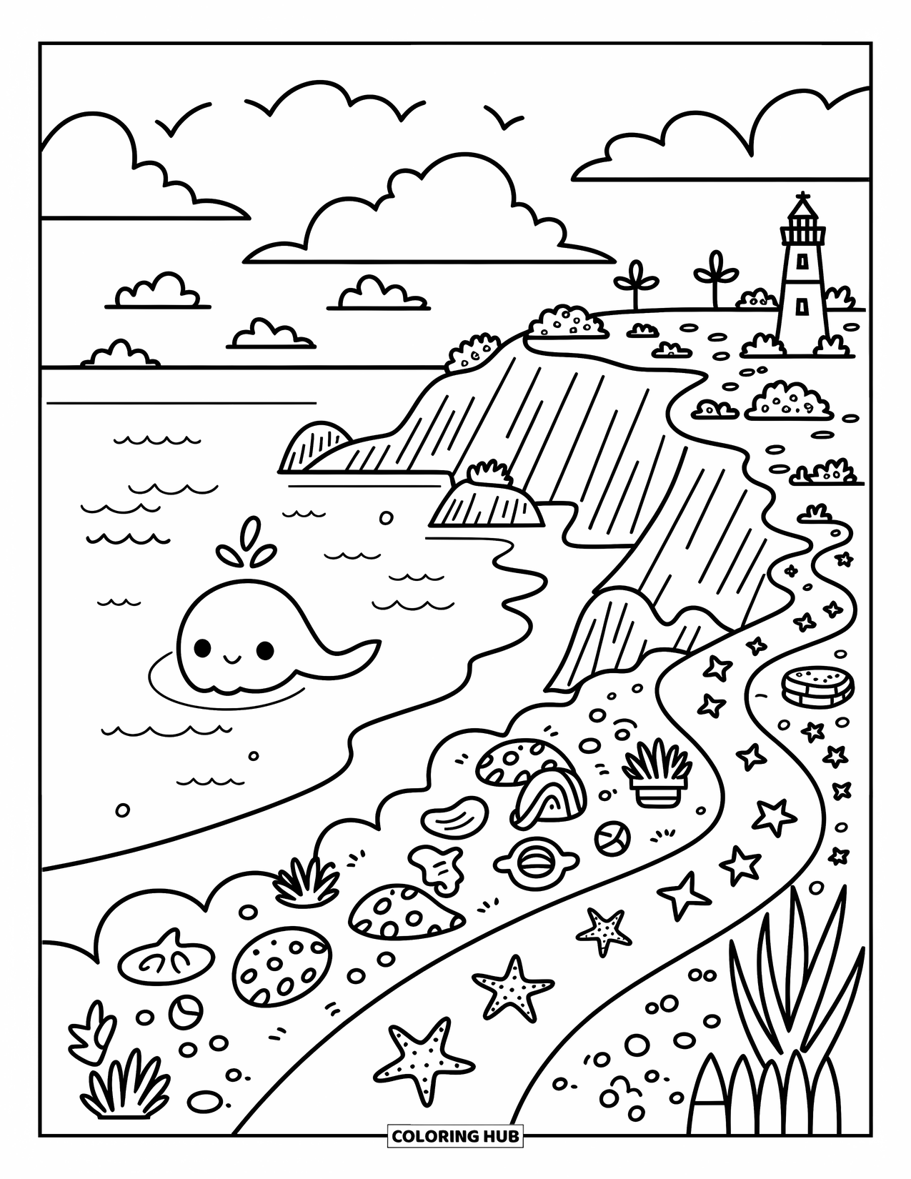 California Coloring Page for Adults: A cheerful coastal view features a whale tail, lighthouse, and cute beach details