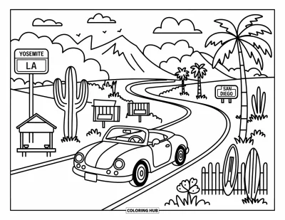 Coloriage de Californie pour adultes : Une décapotable qui file sur des routes bordées de palmiers avec des planches de surf, des motels et des stands de limonade