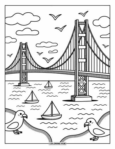 Coloriage de Californie pour adultes : Une baie accueillante avec des voiliers sous le Golden Gate Bridge et des mouettes à proximité