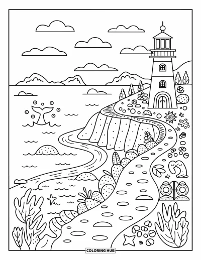 Coloriage de Californie pour adultes : Une côte pittoresque avec une queue de baleine, un phare et de charmants trésors de plage