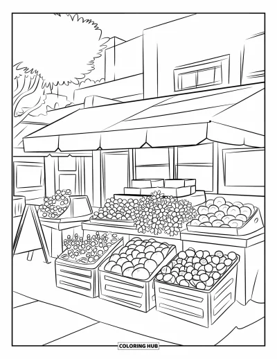 Coloriage de Californie pour adultes : Un marché charmant sous un arbre avec des caisses de fruits, des fleurs et des panneaux ardoise