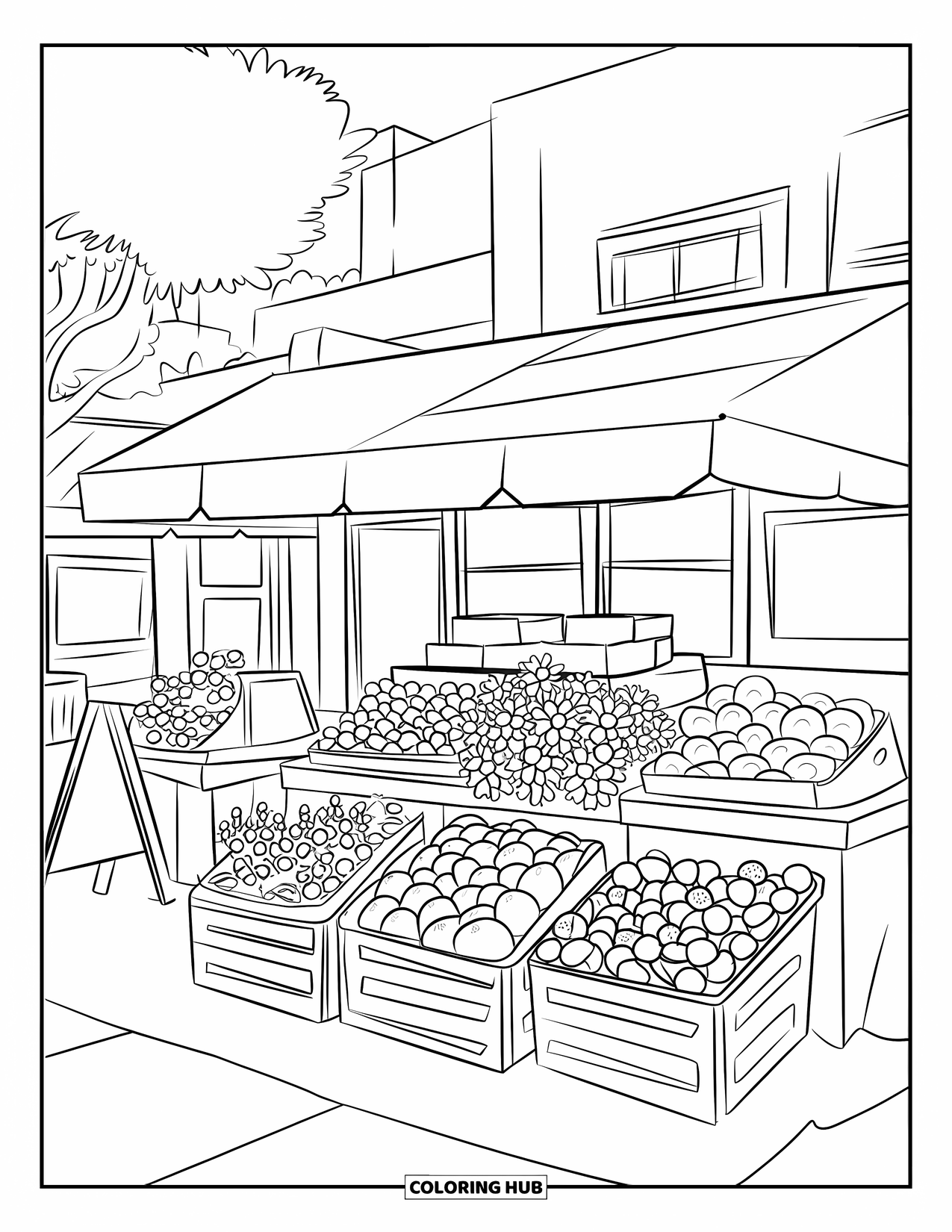 California Coloring Page for Adults: A cozy market under a tree with fruit crates, flowers, and chalkboard signs