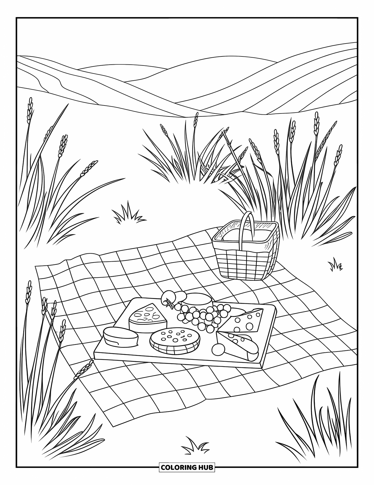 California Coloring Page for Adults: A cozy picnic in Sonoma with fruit, cheese, and a basket on a blanket