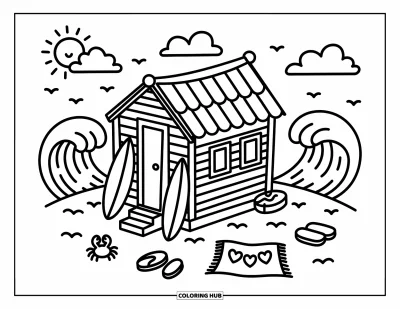 Coloriage de Californie pour adultes : Une cabane de surf douillette près de la plage avec des tongs, des serviettes et un petit crabe
