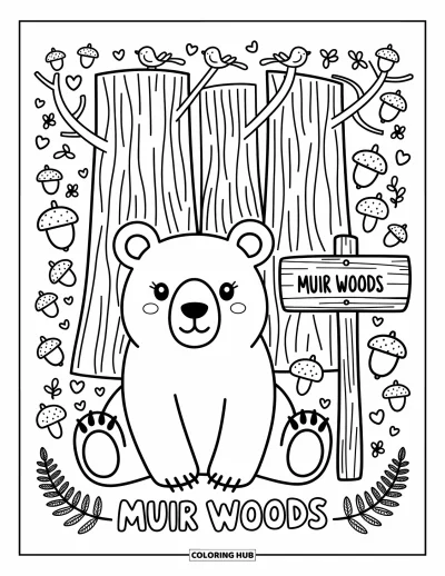 Coloriage de Californie pour adultes : Un ourson reposant sous des séquoias avec des champignons, des fougères et un panneau Muir Woods