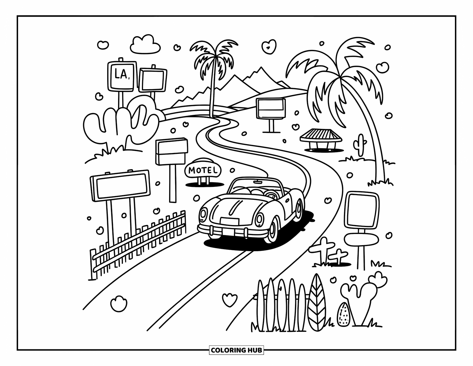California Coloring Page for Adults: A cute convertible drives past palm trees, cacti, and whimsical roadside signs