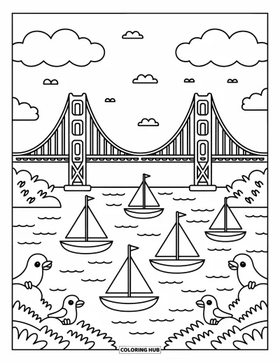 Coloriage de Californie pour adultes : Un Golden Gate Bridge tout mignon s'étend au-dessus d'une eau brumeuse avec des bateaux et de la vie marine espiègle