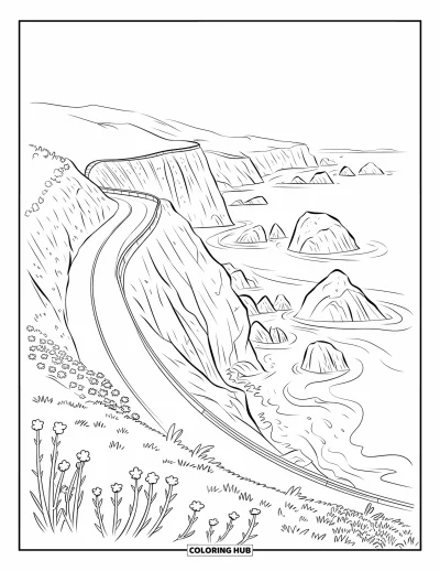 Coloriage de Californie pour adultes : Une route côtière spectaculaire de Big Sur surplombant des falaises et des vagues qui s'écrasent
