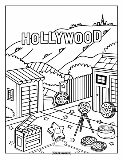 Coloriage de Californie pour adultes : Un minuscule plateau de cinéma niché dans les collines avec une enseigne Hollywood kawaii au-dessus