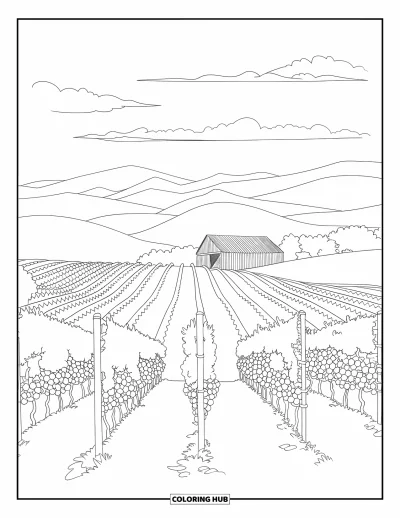 Coloriage de Californie pour adultes : Une scène de vignoble apaisante avec des ceps, une grange rustique et des nuages cotonneux