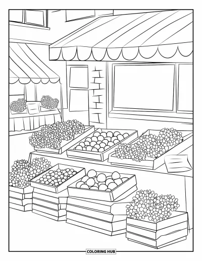 Coloriage de Californie pour adultes : Un marché de producteurs charmant avec des caisses d'agrumes, des bouquets de fleurs et des panneaux à la craie