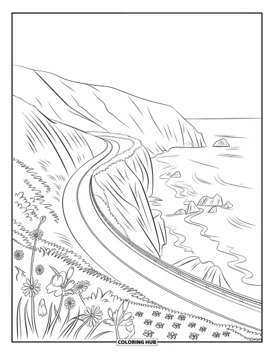 Coloriage de Californie pour adultes : Une route côtière tranquille longeant les falaises de Big Sur avec des fleurs sauvages et les vagues de l'océan en contrebas