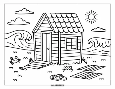 Coloriage de Californie pour adultes : Une petite cabane de surf au bord de la mer avec des serviettes de plage et un soleil souriant