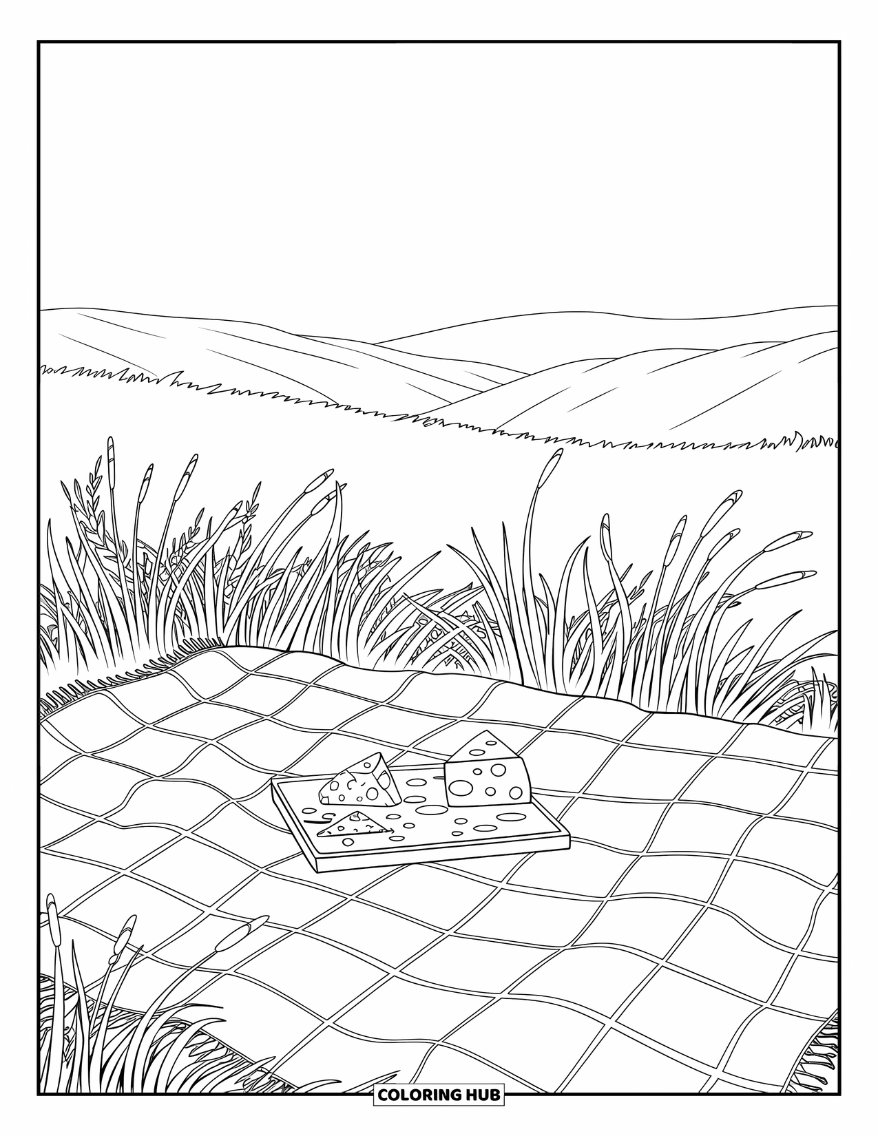 California Coloring Page for Adults: A Sonoma picnic with a cheese board on a blanket among wild grasses