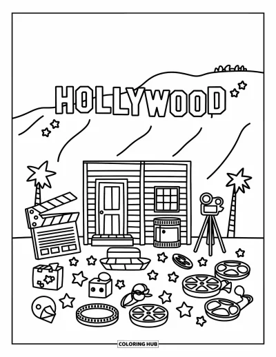 Coloriage de Californie pour adultes : Un petit plateau de tournage qui décore les collines sous une enseigne Hollywood fantaisiste