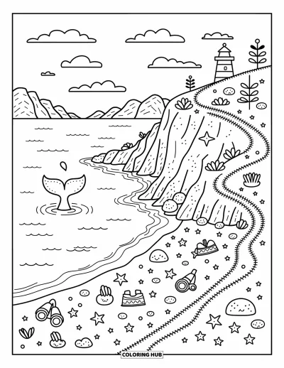 Coloriage de Californie pour adultes : Une queue de baleine qui éclabousse près d'une plage au pied des falaises avec des étoiles de mer et un petit phare