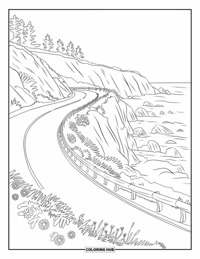 Coloriage de Californie pour adultes : Une route sinueuse de Big Sur longeant des falaises escarpées et des fleurs sauvages colorées