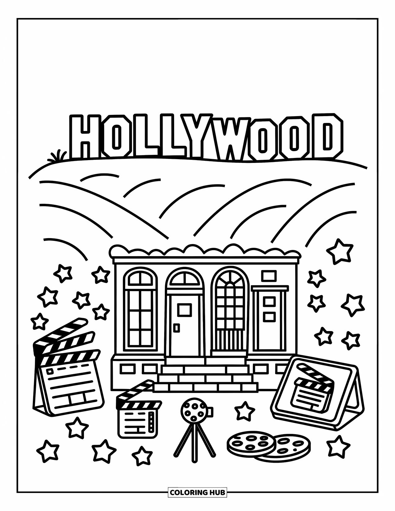 California Coloring Page for Adults: Clapboards and cameras decorate a cozy film set under a bubbly Hollywood sign