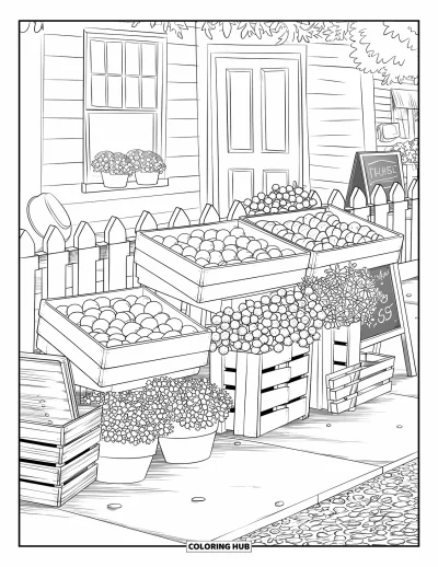 Coloriage de Californie pour adultes : Des caisses de fruits et des fleurs garnissent un petit marché de producteurs près d'un bâtiment blanc