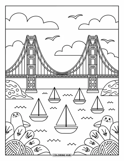 Coloriage de Californie pour adultes : Des tours de pont simplifiées traversent une baie avec des voiliers, des mouettes et de la brume qui dérive