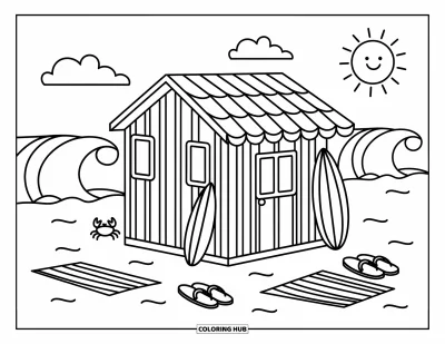 Coloriage de Californie pour adultes : Deux planches de surf appuyées contre une petite cabane de plage avec des tongs et un crabe à proximité