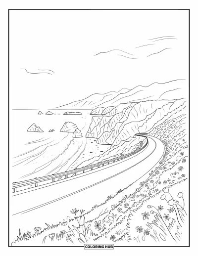 Coloriage de Californie pour adultes : Des vagues qui s'écrasent sous les falaises de Big Sur le long d'une route sinueuse bordée de fleurs