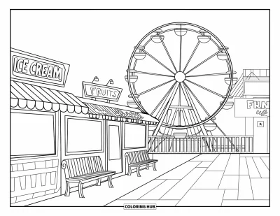 Coloriage de Californie pour enfants : Une promenade de plage avec une grande roue, des stands de restauration et un bâtiment "Fun Zone"