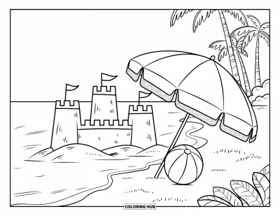 Coloriage de Californie pour enfants : Une plage avec un château de sable à tourelles, un parasol et un ballon aux motifs en spirale