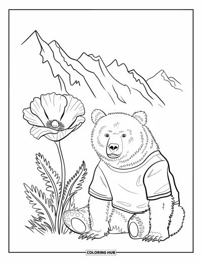 Coloriage de Californie pour enfants : Un ours en chemise rouge assis près d'un grand coquelicot de Californie et des montagnes