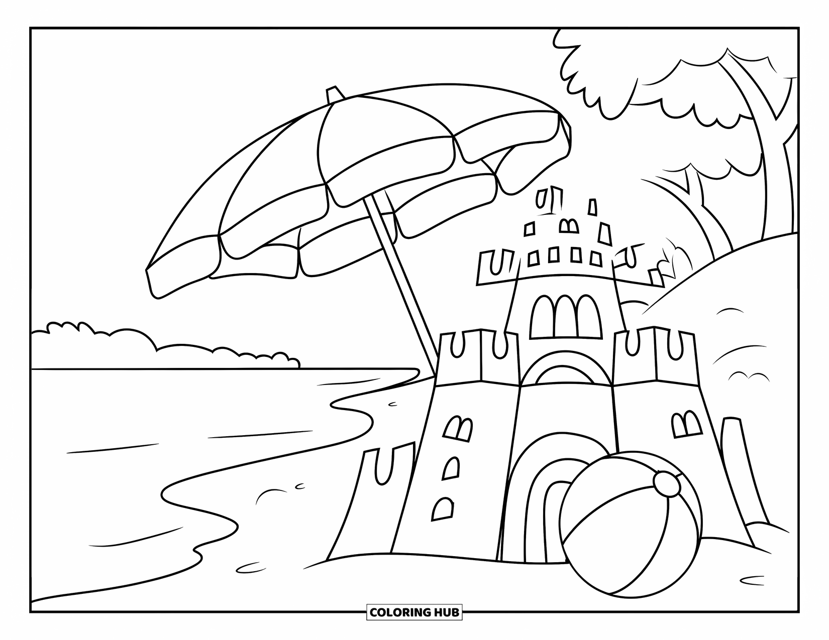 California Coloring Page for Kids: A big sandcastle with an umbrella and beach ball by the shore