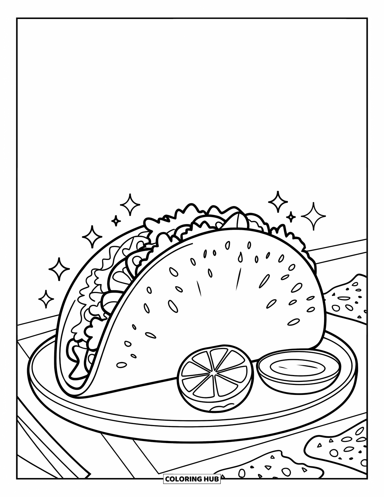California Coloring Page for Kids: A cheesy taco sits beside chips, dip, and a sparkling lemon slice