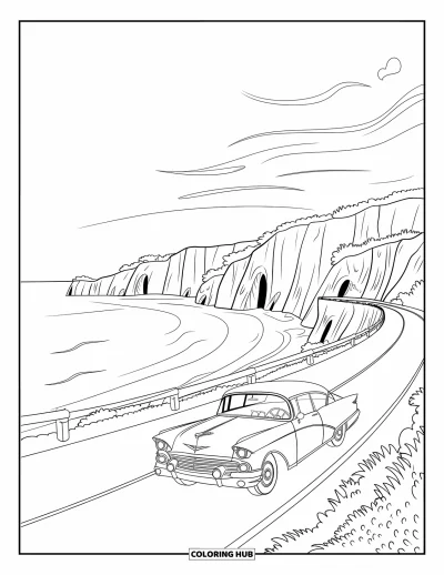 Coloriage de Californie pour enfants : Une voiture ancienne longeant des falaises sur une route côtière tranquille