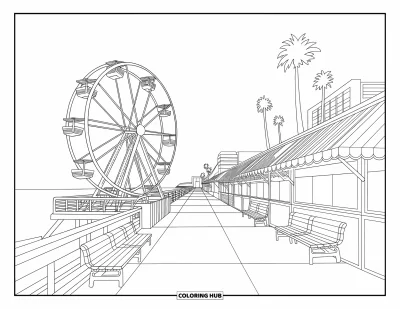 Coloriage de Californie pour enfants : Une promenade côtière avec des stands de marchands, des palmiers et une grande roue au bord de l'océan