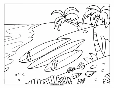 Coloriage de Californie pour enfants : Une scène de plage avec des planches de surf, des coquillages et des palmiers qui ondulent