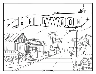 Coloriage de Californie pour enfants : Une rue animée avec des palmiers, des fleurs et l'enseigne Hollywood en hauteur