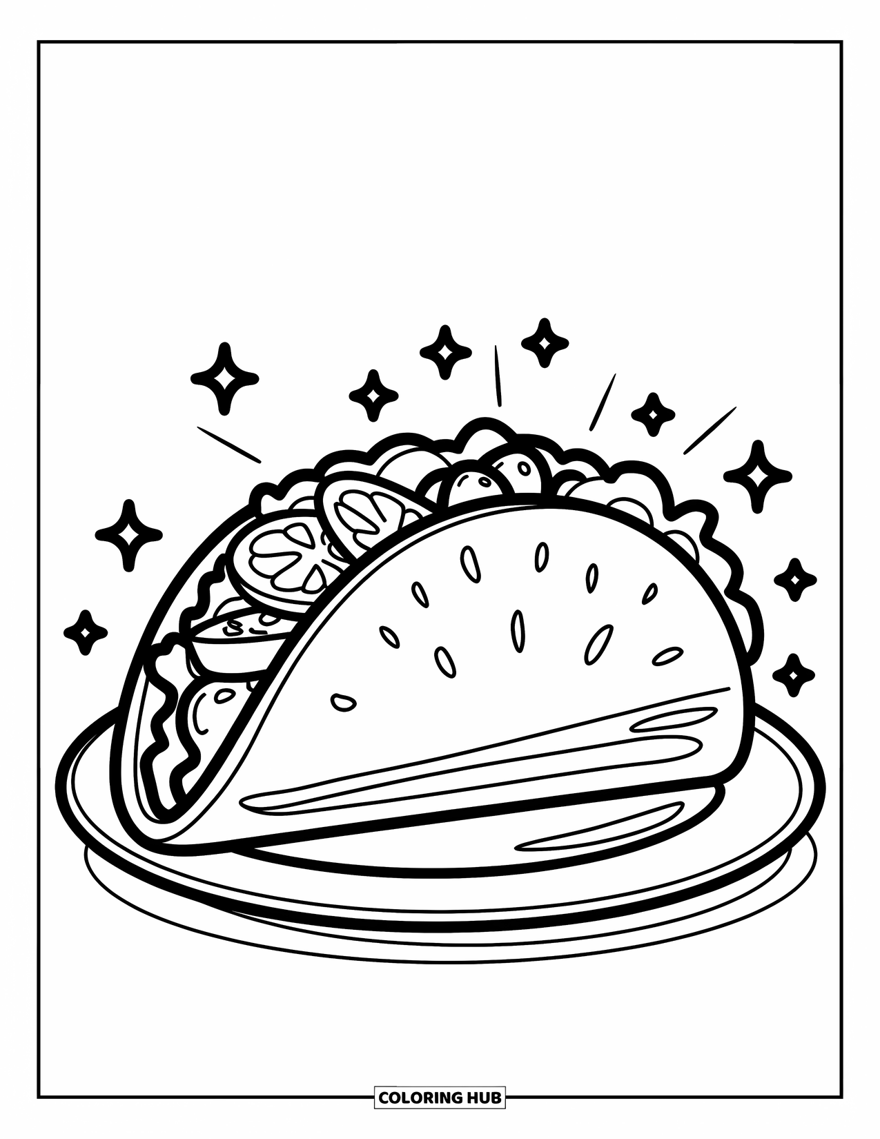 California Coloring Page for Kids: A giant taco packed with fillings sparkles beside a lemon slice