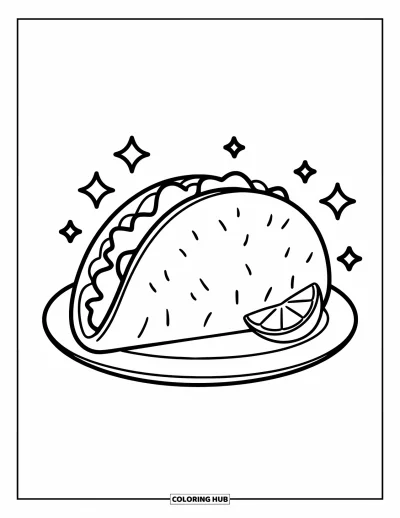 Coloriage de Californie pour enfants : Un grand taco avec une tranche de citron et des éclats brillants dans une assiette