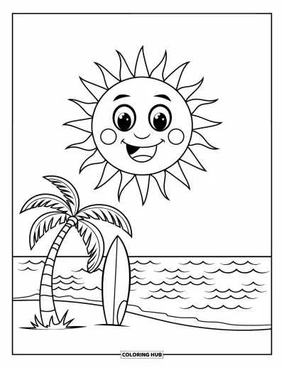 Coloriage de Californie pour enfants : Un soleil radieux qui brille au-dessus des vagues, d'une planche de surf et d'un palmier solitaire