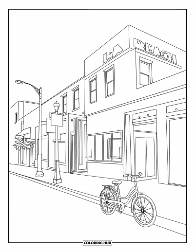 Coloriage de Californie pour enfants : Une rue de Los Angeles avec des bâtiments pastel, un vélo garé et des palmiers